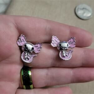 Axolotl earrings, silver & pink post/stud